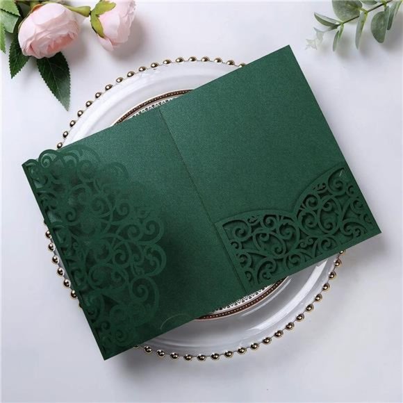5.12 x 7.2 Emerald Green Invitation Cards, Trifold laser cut invitations Wedding - Picture 3 of 6